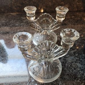 Set of Clear Ornate Cut Glass Taper Candlestick holders